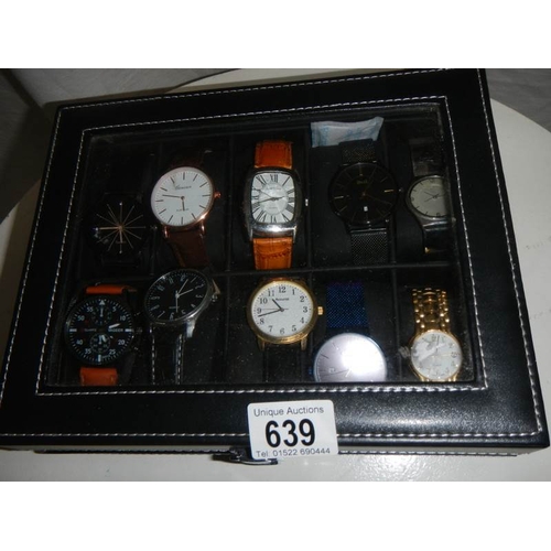 639 - 10 good gent's wristwatches in case.