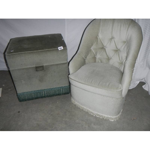 666 - A deep buttoned bedroom chair and a small ottoman.