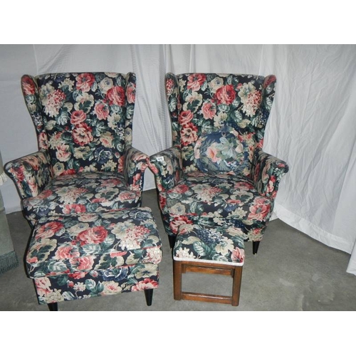 670 - A pair of matching arm chairs, matching stool and matching pouffe.