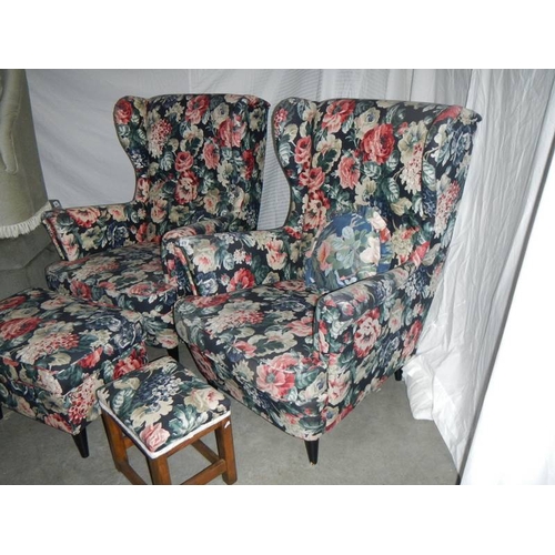 670 - A pair of matching arm chairs, matching stool and matching pouffe.