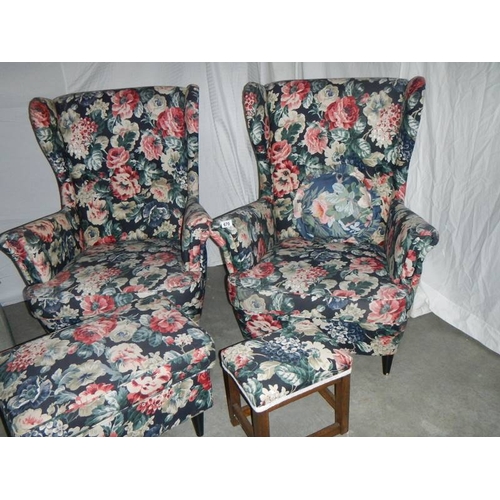 670 - A pair of matching arm chairs, matching stool and matching pouffe.