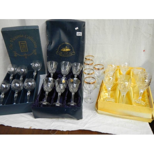 675 - 3 good sets of drinking glasses including set of 6 but only 5 are gilded.