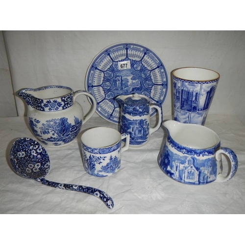 677 - 7 pieces of blue and white china.