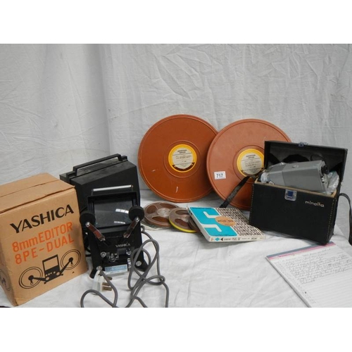 717 - A mixed lot of old film reels, Minolta camera, Yachica 8mm editor, Imac 100 etc.,