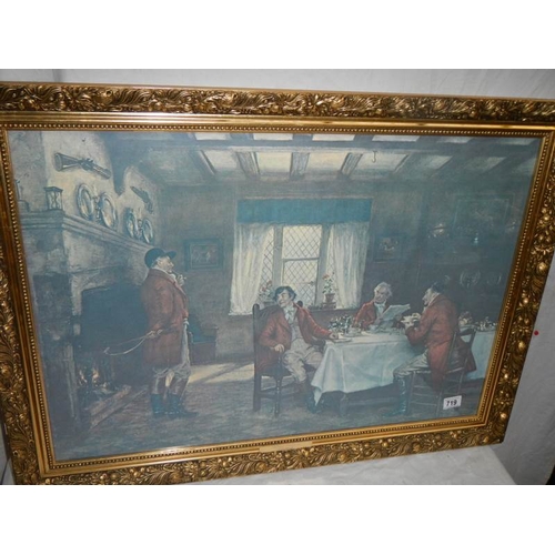 719 - A good framed print entitled 'The Hunt Breakfast' by J M Bennett, 92 x 67 cm.