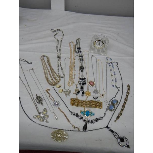 501 - A good mixed lot of costume jewellery including a glass clock, 25 items.