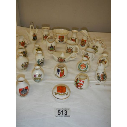 513 - 21 pieces of assorted crested china, all in good condition.