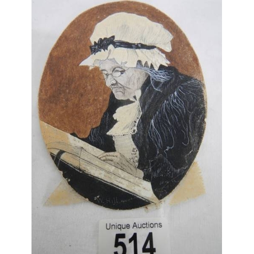 514 - A framed watercolour portrait of an elderly lady, signed W Hill.