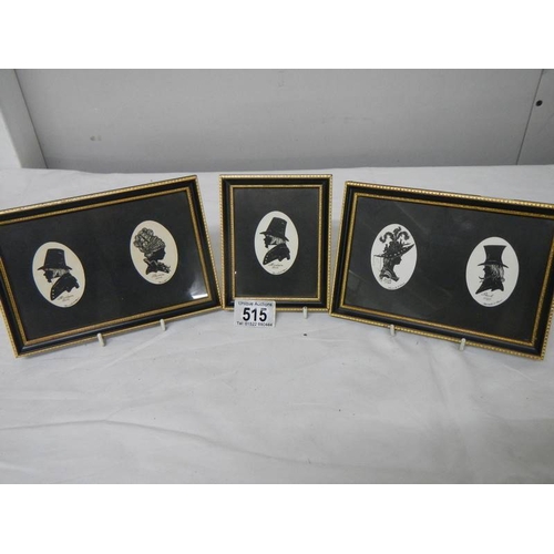 515 - 2 framed and glazed double silhouettes and a single silhouette of Victorian people.