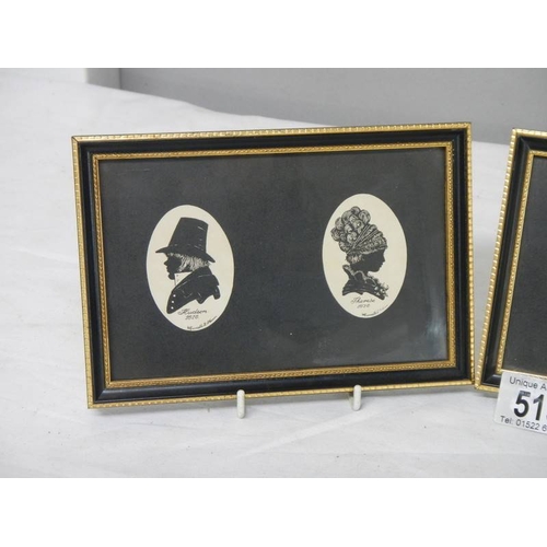 515 - 2 framed and glazed double silhouettes and a single silhouette of Victorian people.