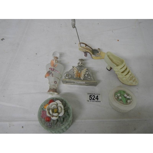 524 - 2 good perfume bottles, 2 shoe ornaments and 2 trinket boxes.