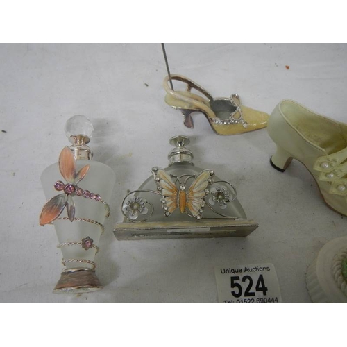 524 - 2 good perfume bottles, 2 shoe ornaments and 2 trinket boxes.