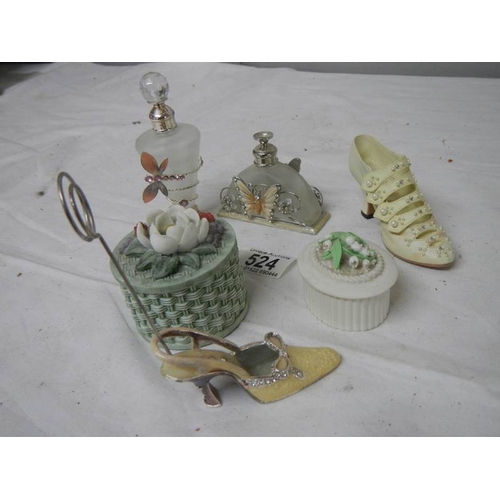 524 - 2 good perfume bottles, 2 shoe ornaments and 2 trinket boxes.