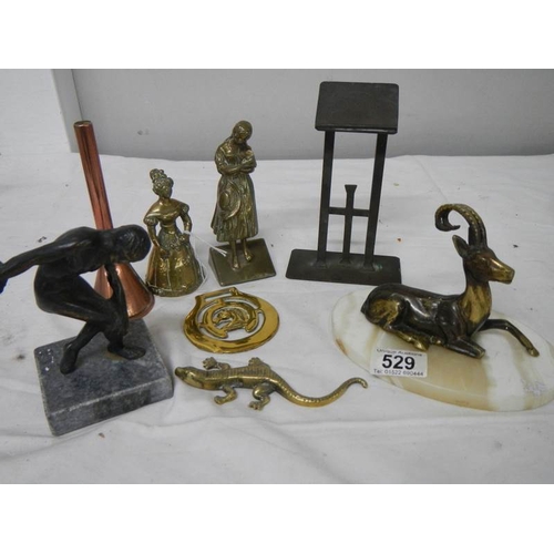 529 - A mixed lot of brass ware including miniature lantern, marble base figure etc.,