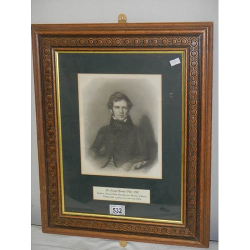 532 - A framed engraving of Sir Joseph Banks, 1743 - 1820.