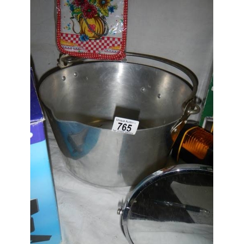 765 - A mixed lot including aluminium jam pan, set of 6 glasses, outside light, cafetiere etc.,