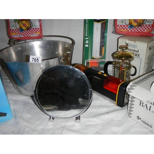 765 - A mixed lot including aluminium jam pan, set of 6 glasses, outside light, cafetiere etc.,