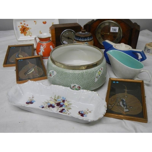 780 - 2 mantel clocks, a mixed lot of chins, 3 hand painted leaf pictures, bowl with plated rim etc.,