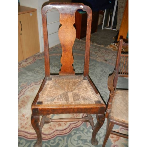 822 - A small inlaid mahogany spindle back bedroom chair and a Queen Anne leg chair.