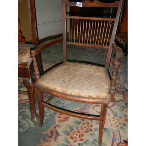 822 - A small inlaid mahogany spindle back bedroom chair and a Queen Anne leg chair.