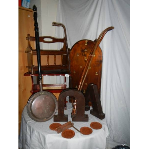 834 - A mixed lot of wooden items including magazine rack, and a copper warming pan.