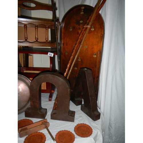 834 - A mixed lot of wooden items including magazine rack, and a copper warming pan.