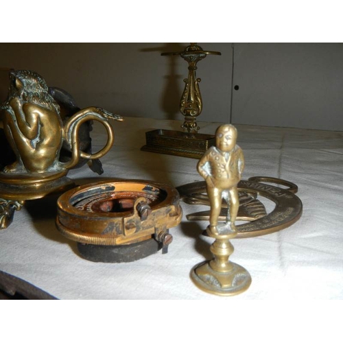 547 - A mixed lot of small brass and bronze items including Chamber Candlestick, animals, hat pin stand, B... 