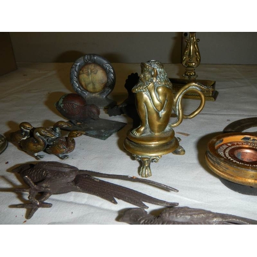 547 - A mixed lot of small brass and bronze items including Chamber Candlestick, animals, hat pin stand, B... 