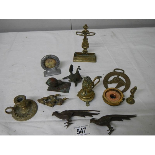 547 - A mixed lot of small brass and bronze items including Chamber Candlestick, animals, hat pin stand, B... 