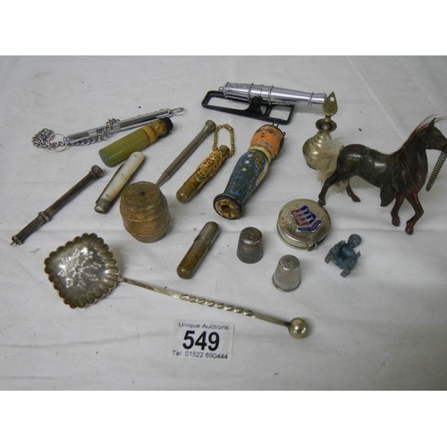 549 - A mixed lot of vintage needle cases, silver fruit knife, unmarked propelling pencil etc.,