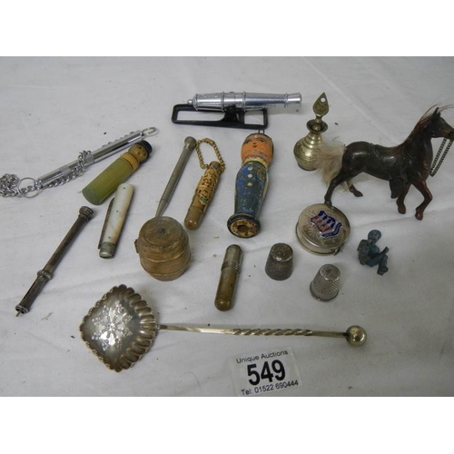 549 - A mixed lot of vintage needle cases, silver fruit knife, unmarked propelling pencil etc.,