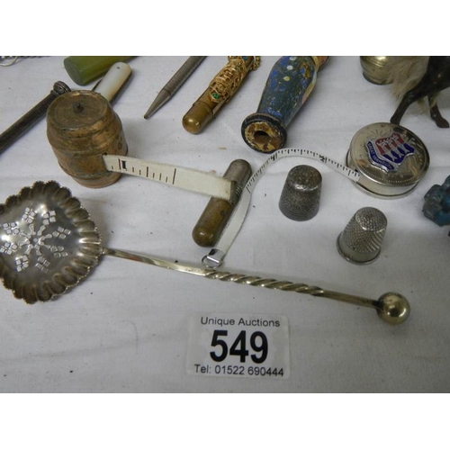 549 - A mixed lot of vintage needle cases, silver fruit knife, unmarked propelling pencil etc.,