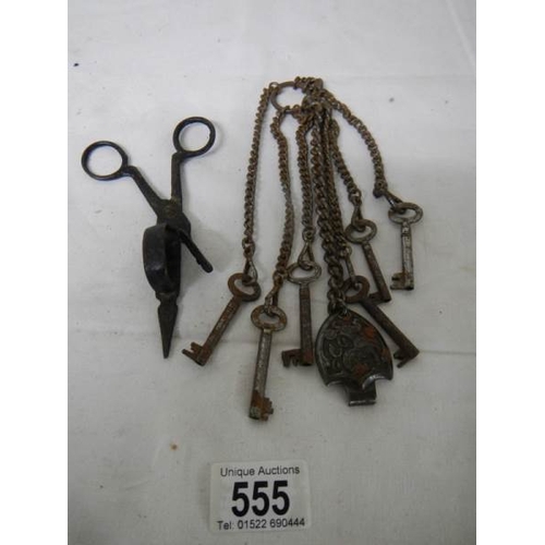 555 - A vintage steel chatelaine with various old keys.