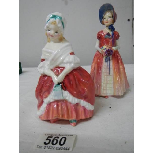 560 - 2 Royal Doulton figurines, Diana and Peggy,  13 cm and 15 cm.