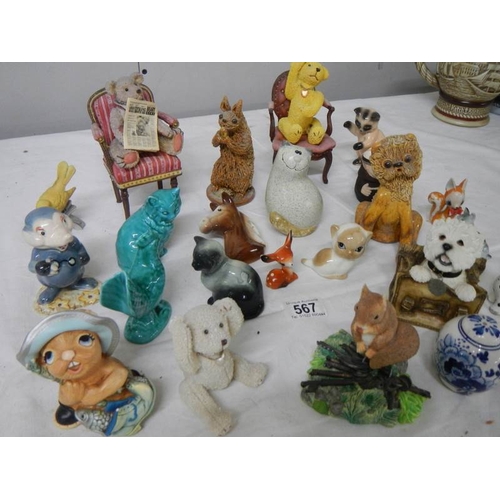 567 - Approximately 24 assorted china animals etc., including dogs, bears on chairs etc.,