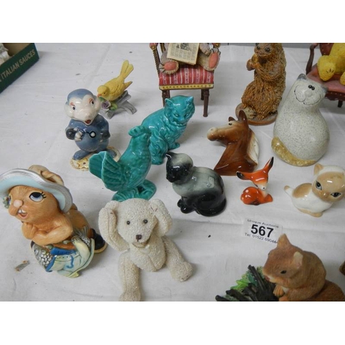 567 - Approximately 24 assorted china animals etc., including dogs, bears on chairs etc.,