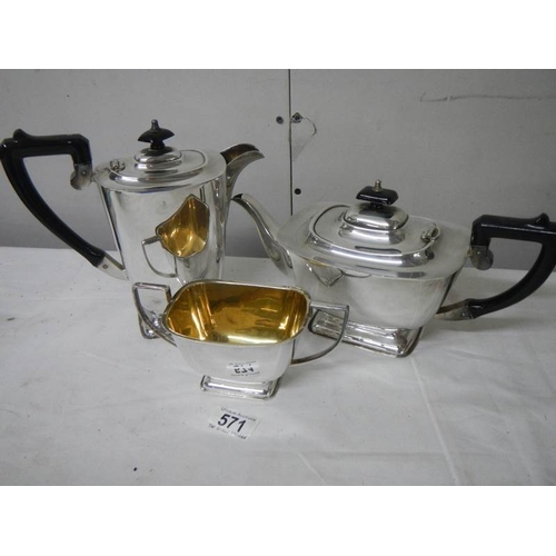 571 - A good clean 3 piece silver plate tea set, no plate loss.