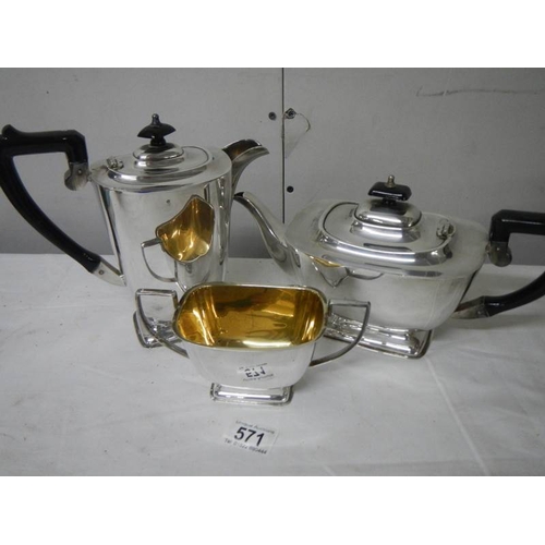 571 - A good clean 3 piece silver plate tea set, no plate loss.