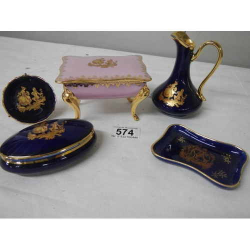 574 - 5 good pieces of Limoges porcelain including pink trinket box.