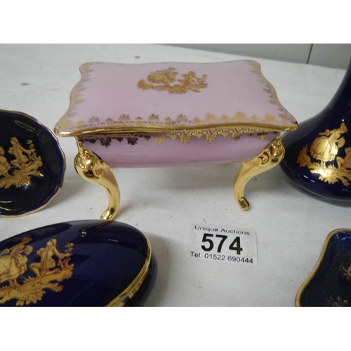 574 - 5 good pieces of Limoges porcelain including pink trinket box.