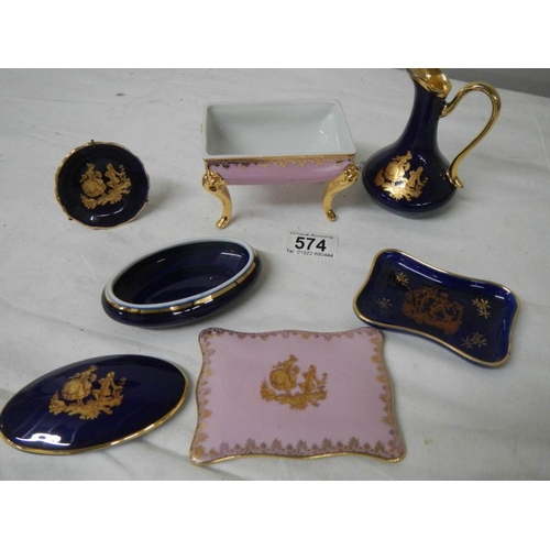 574 - 5 good pieces of Limoges porcelain including pink trinket box.