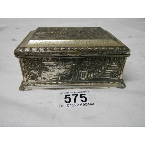 575 - An embossed silver plated box decorated with Elizabethan dancers in a court yard, plate worn.  11 x ... 