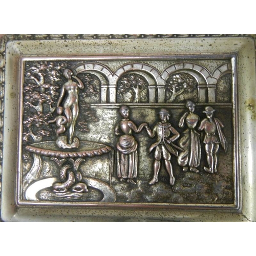 575 - An embossed silver plated box decorated with Elizabethan dancers in a court yard, plate worn.  11 x ... 