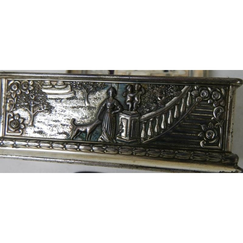 575 - An embossed silver plated box decorated with Elizabethan dancers in a court yard, plate worn.  11 x ... 