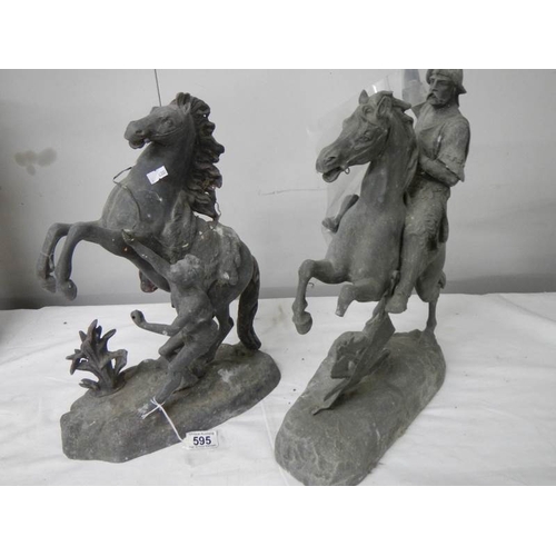 595 - 2 spelter horse figures a/f. damage to one horse leg and part of leg missing, 45 cm tall.