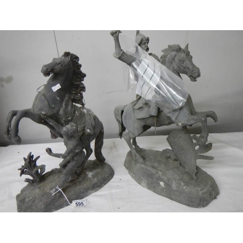 595 - 2 spelter horse figures a/f. damage to one horse leg and part of leg missing, 45 cm tall.