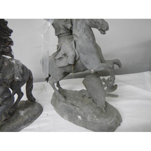 595 - 2 spelter horse figures a/f. damage to one horse leg and part of leg missing, 45 cm tall.