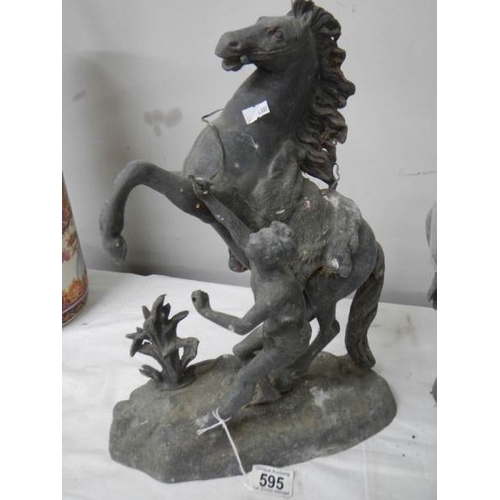 595 - 2 spelter horse figures a/f. damage to one horse leg and part of leg missing, 45 cm tall.