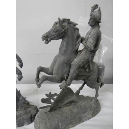 595 - 2 spelter horse figures a/f. damage to one horse leg and part of leg missing, 45 cm tall.