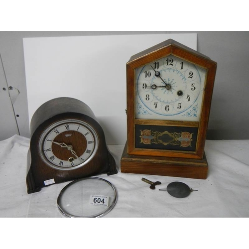 604 - 2 old mantel clocks for spare or repair although springs ok.